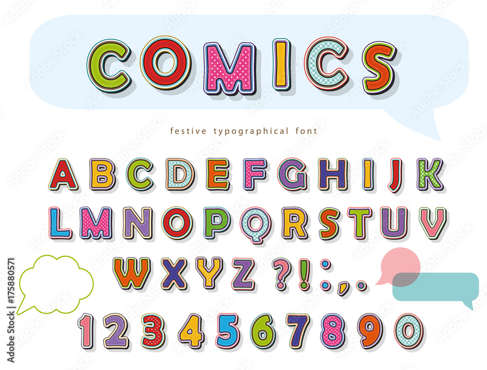 Wall mural Comic font design. Funny pop art letters and numbers. Vector