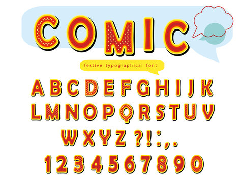 Comic font design. Funny pop art letters and numbers. Vector