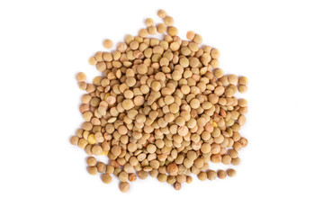 Pile of green lentils isolated on white background.