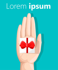 Gift box with ribbon. flat design. banners, graphic or website layout template. red Hand pointing sign isolated on white background Web site page and mobile app design.