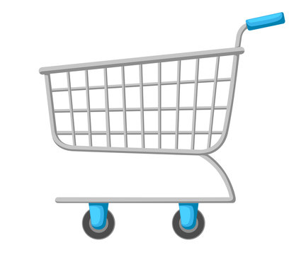 Empty shopping cart, side view, isolated on white background Grocery shopping cart. Isolated icon pictogram. vector illustration. Web site page and mobile app design.