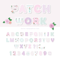 Obraz premium Cute textile font for scrapbook or collage design. Patchwork style. Different patterns included under clipping mask.
