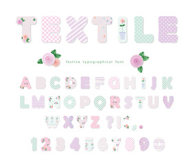 Cute textile font for scrapbook or collage design. Patchwork style. Different patterns included under clipping mask.