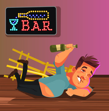 Happy smiling drunk man character laying on bar floor. Funny party concept. Vector flat cartoon illustration