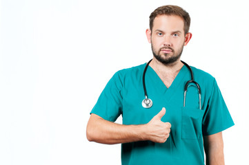 Male doctor with stethoscope showing thumb up