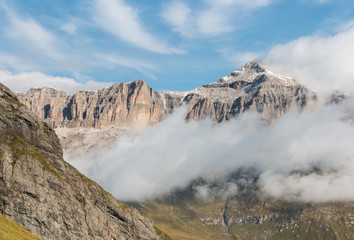Sella Group massif with Piz Boe peak in Dolomites, Italy