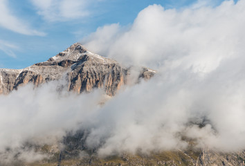 cloud inversion around Piz Boe peak in Dolomites, Italy