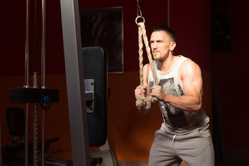 Bodybuilder Exercising Triceps On Machine