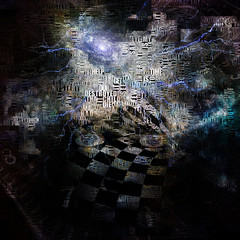 Face of God. 3D rendering. Image composed entirely of words.