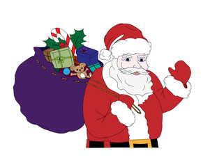 Christmas vector illustration with Santa Claus carrying a sack full of gifts, colorful