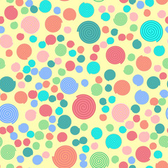 Seamless pattern with colorful simple spiral elements on light yellow background, vector