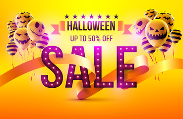 Happy Halloween Sale concept with Halloween Ghost Balloons.Scary air balloons and Retro light sign with 