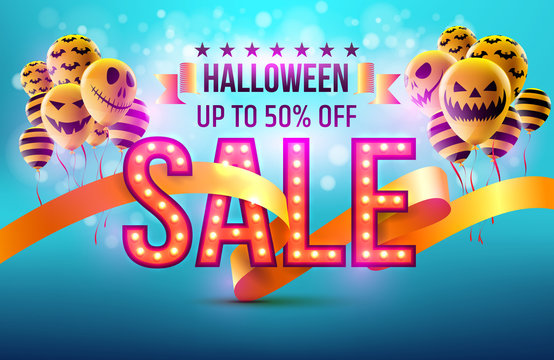 Happy Halloween Sale concept with Halloween Ghost Balloons.Scary air balloons and Retro light sign with "SALE" Text.Flyer or invitation template,Brochures,Poster or Banner.Vector illustration EPS10
