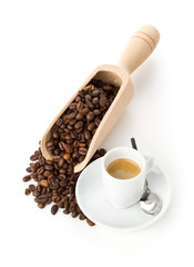 Coffee beans and cup of espresso