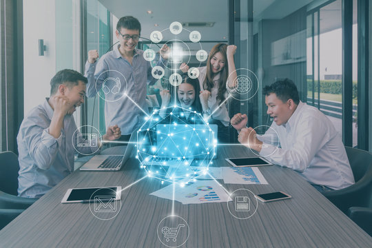 Group Of AsianBusiness people with casual suit working with happy action and celebrate with omni channel in the modern Office, people business group concept