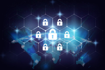 Security key lock icon digital display over the Part of digital earth on the Milky Way background, business technology securities and AI concept, Elements of this image furnished by NASA