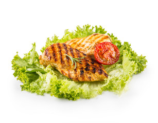 Grill Chicken Breast. Roasted and grill chicken breast with lettuce salad tomatoes and mushrooms isolated on white
