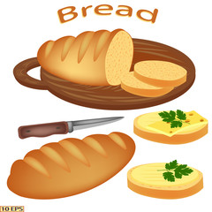 Loaf. Wheat white loaf of bread.  Freshly baked loaves. Bakery products, pastries. Vector illustration, isolated on white background.