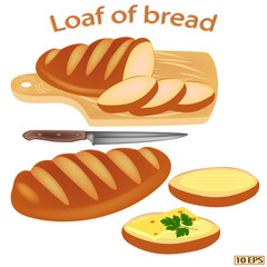 Loaf. Wheat white loaf of bread.  Freshly baked loaves. Bakery products, pastries. Vector illustration, isolated on white background.