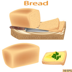 Bread isolated on white background. Wheat white bread. Loaf of bread sliced for sandwiches. Bakery product. Vector illustration.