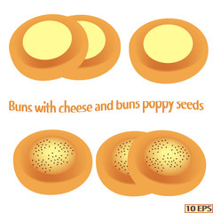 Buns with cheese and poppy seed. Fresh buns. Sweet buns for tea. Bakery, bakery products, pastry. Vector illustration, isolated on white background.