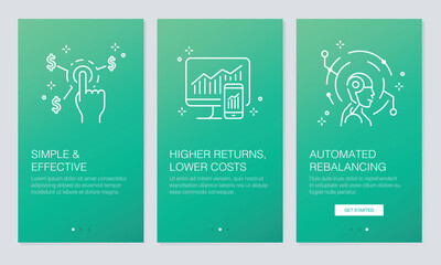 Financial and Fintech concept onboarding app screens. Modern and simplified vector illustration walkthrough screens template for mobile apps.