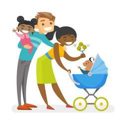 Happy diverse multiracial family with kids. Young Caucasian white father holding daughter and African-american mother pushing stroller with baby. Vector isolated cartoon illustration.