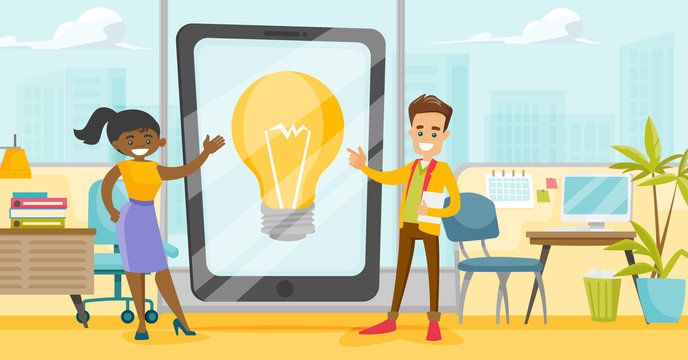 Young caucasian white businessman and african-american business woman pointing at the idea light bulb on a tablet computer screen. Multiracial business idea concept. Vector cartoon illustration