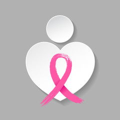 Pink ribbon symbol in graphic of female. Brush  style. Breast Cancer Awareness Month Campaign. Icon design. Illustration isolated on gray background.