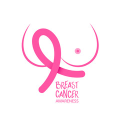 Pink ribbon symbol with graphic of breast. Breast Cancer Awareness Month Campaign. Icon design. Vector illustration isolated on white background.