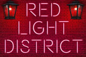 Rucksack RED LIGHT DISTRICT - Neon Letters sign and vintage Red street lamps (lanterns) lighting against brick wall background © Alexey Protasov