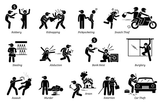 Crime and Criminal. Pictogram depicts various criminal activities that include robber, kidnappers, thief, bank heist, assault, murder, arson, and extortion.