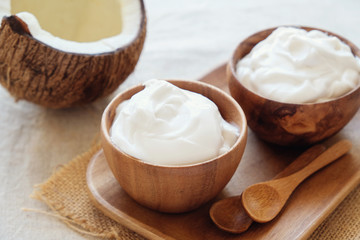 Fototapeta na wymiar organic coconut yogurt for gut health, leaky gut, dairy free yogurt, probiotic food, , keto, ketogenic, low carb diet, sugar free, dairy free and gluten free, healthy plant based vegan food
