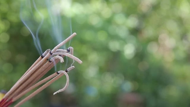 incense smoke in blurred grass background.HD video