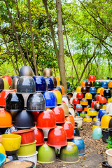 Fototapeta premium multicolored ceramic bowls, Colorful pots and cups or vases handcrafted.