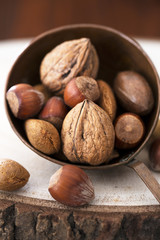 Almonds, walnuts and hazelnuts in metallic bowl