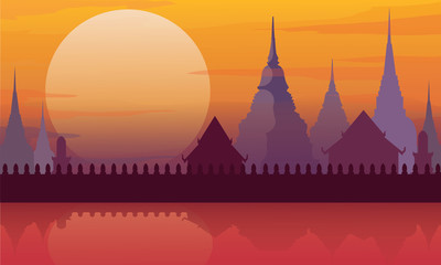 Thailand temple landscape architecture poster vector illustration © santima.studio