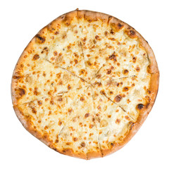 Top view of pizza Quattro Formaggi isolated on white