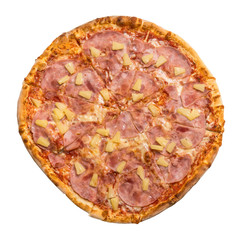 Top view of pizza Hawai isolated on white