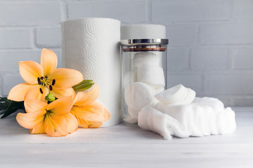 Paper towel, cotton pads and cotton wool - hygienic disposable products - concept of body care and cosmetic products.