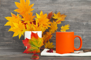 Concept of autumn, thanksgiving holidays and warming drinks. Selective focus. Copy space.