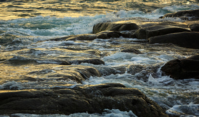 The coast, with stone boulders. Barents sea, Russia.