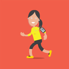 Sport Friendly Smiling Female Character Standing And Running With Smartphone Illustration