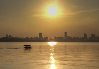 Sunset time on the East Lake in Wuhan. Hubei China