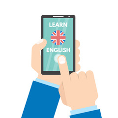 English with Mobile concept. Hand with smartphone. English learning app. Vector illustration