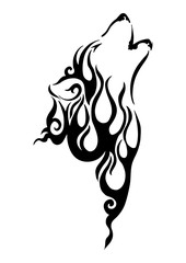 black silhouette wolf head tribal tattoo with fire element concept design with withe isolated background 