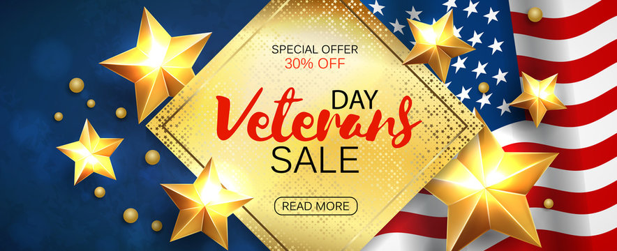 Veterans Day greeting card horizontal banner with golden stars anf flag. Vector