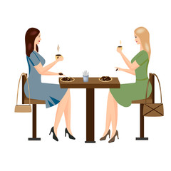 Woman drinking coffee. Beautiful girls sitting at a table in a cafe and drinking coffee with chocolate. Vector illustration.