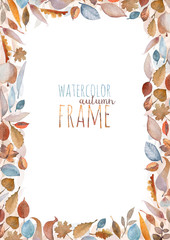 A frame of different kinds of autumn leaves painted in watercolor. International paper format size.