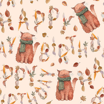A seamless pattern with watercolor illustrations. Letters "Happy birthday" and a funny ginger cat in a scarf. Cream background.